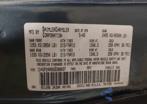 2005 Dodge Grand Caravan Se z USA, uszkodzony, nr VIN 1D4GP24R85B398037